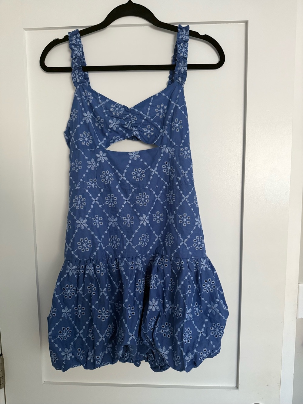 ZARA Cotton Blend Openwork Embroidered Mini Dress Blue Size M